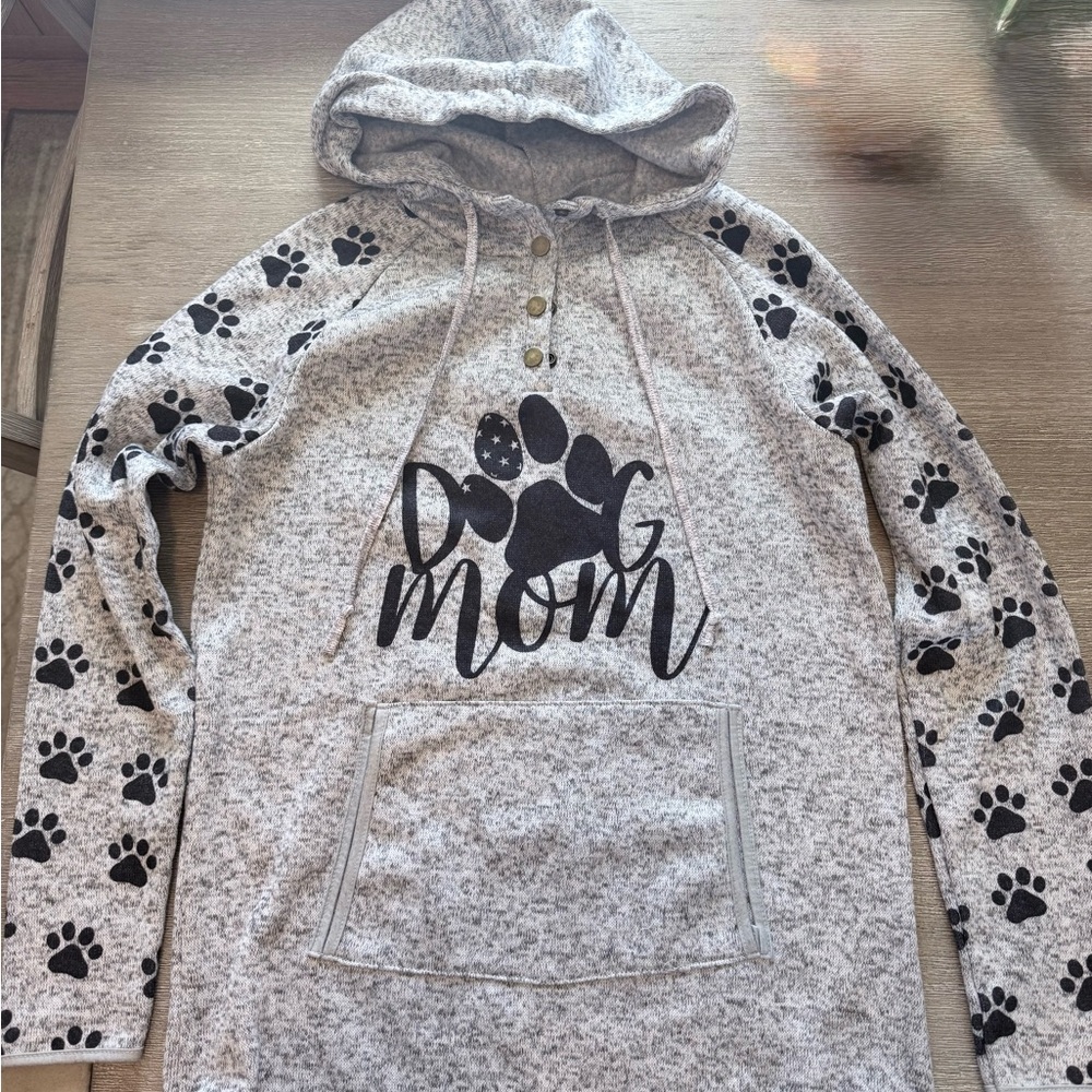 Gray Dog Mom Hoodie with Paw Print Sleeves